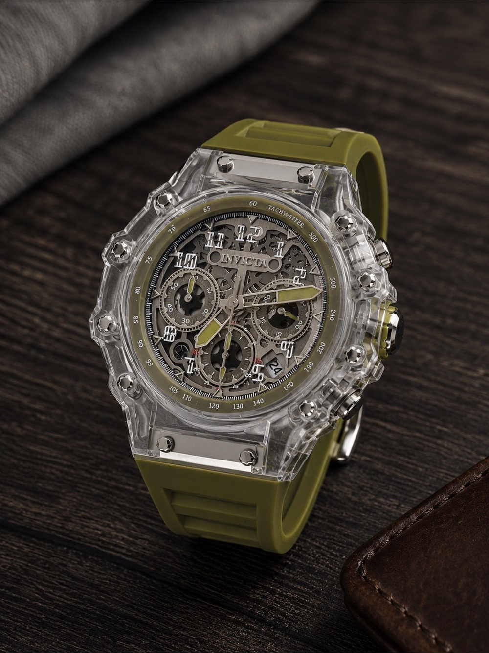 Invicta Skeleton Chronograph Watch Clear Resin Case Olive Band NWT
